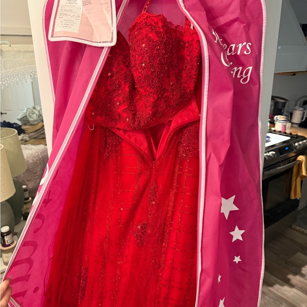 Rachel Allen Red Gown with Beaded Details